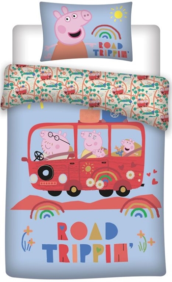 Peppa Wutz Junior-Bettwäsche 100x140 cm - Peppa Wutz auf Reisen - 2-in-1-Design - Road Trip - 100 % Baumwolle