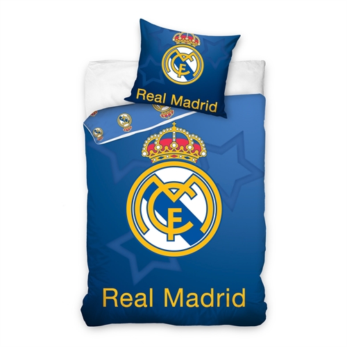 Real Madrid Bettwäsche - Blaues wendbares Bettwäsche-Set mit Logo und Sternen - 140x200 cm - 100% Baumwollbettwäsche - Fußball Bettwäsche
