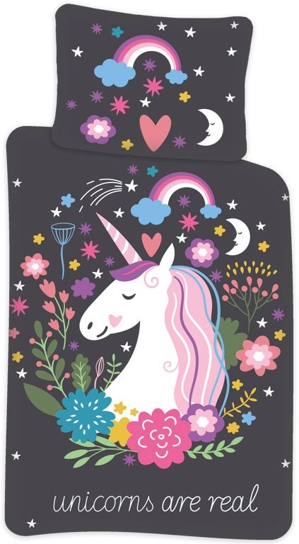 Einhorn-Bettwäsche - 100% Baumwolle - Junior-Bettwäsche 100x140 cm - Grau