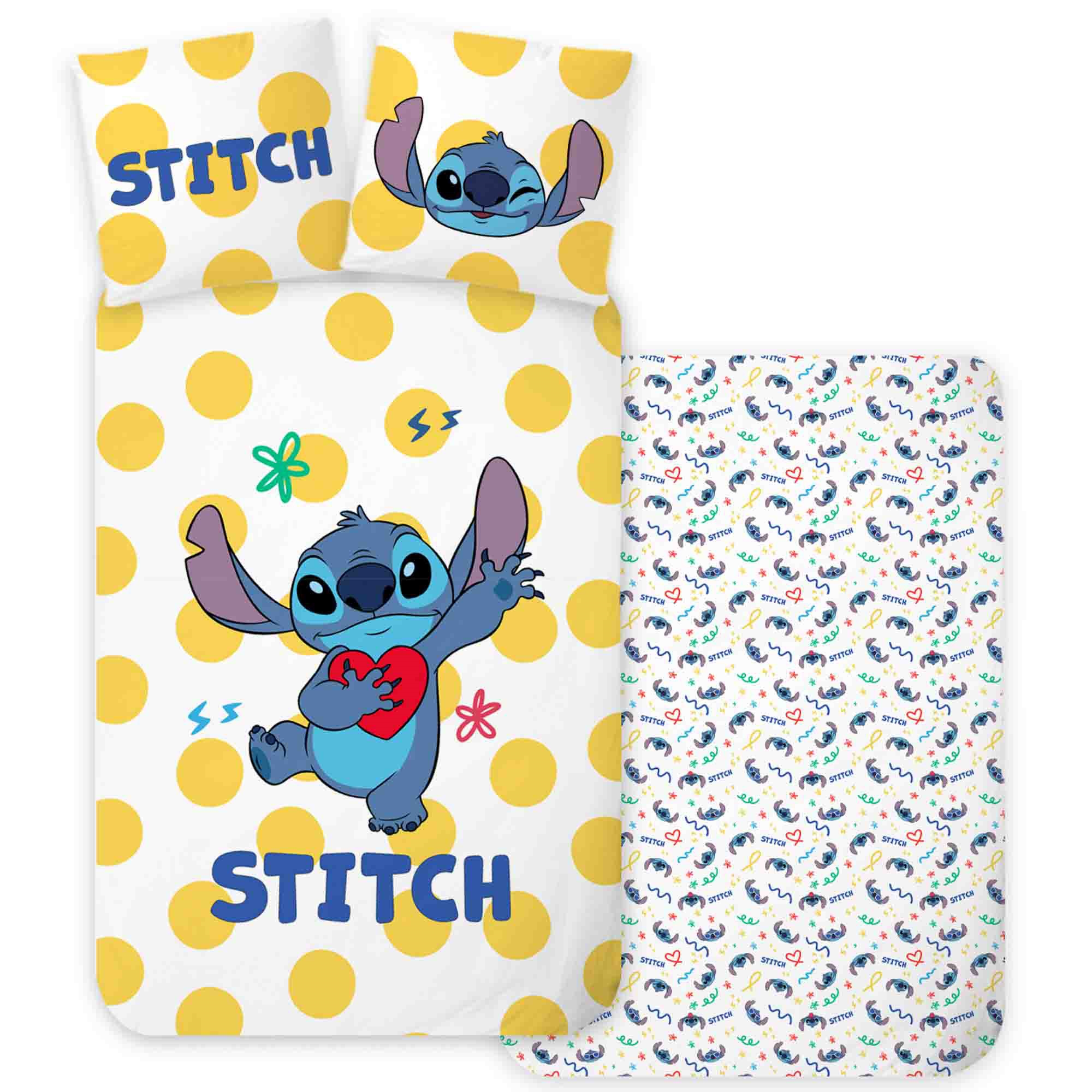 Stitch-Bettwäsche - 100% Baumwolle - Kinderbettwäsche 140x200 cm - Gelbe Punkte