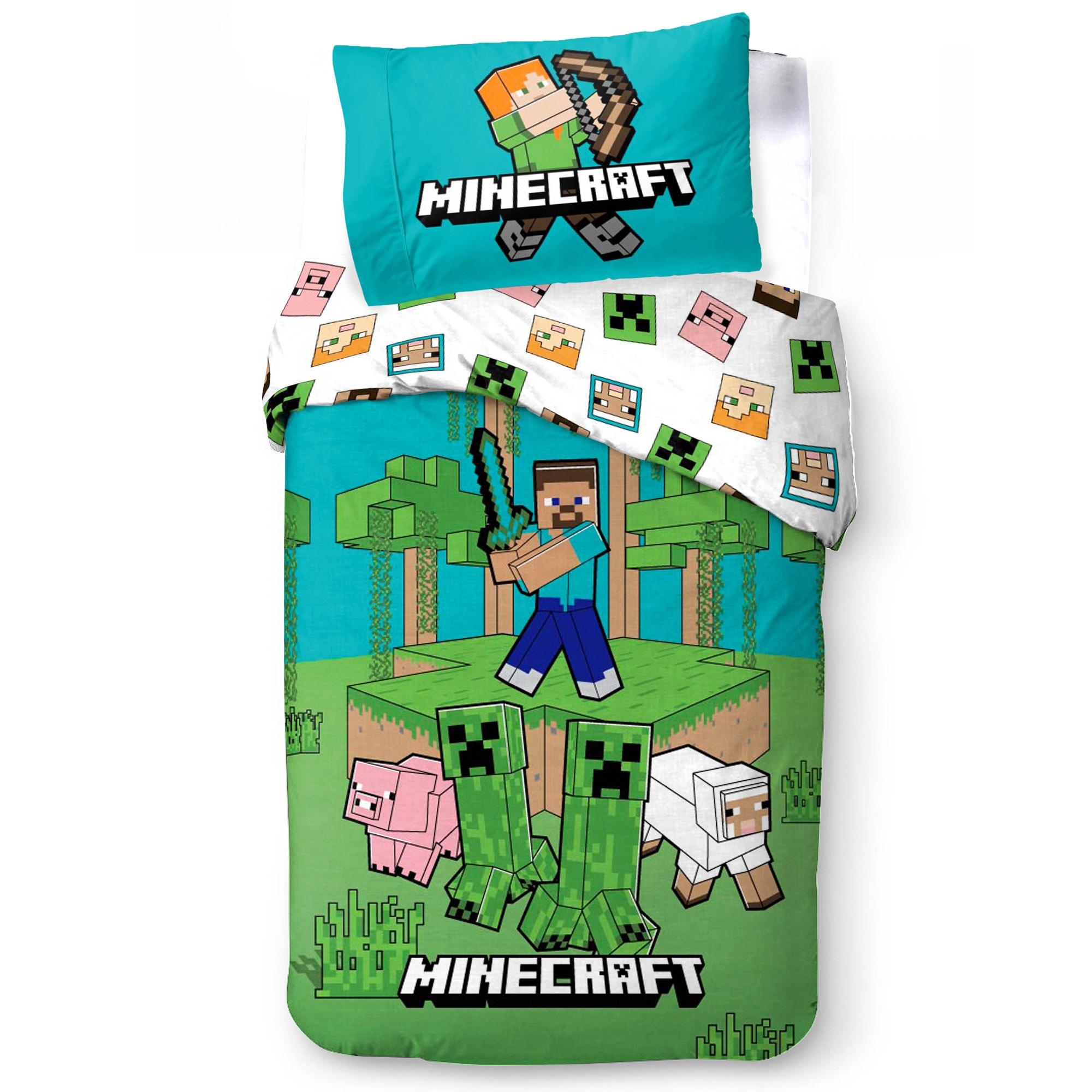 Minecraft-Bettwäsche - 100% Baumwolle - Kinderbettwäsche 140x200 cm - Steve, Zombie, Creeper, Schweine und Schafe