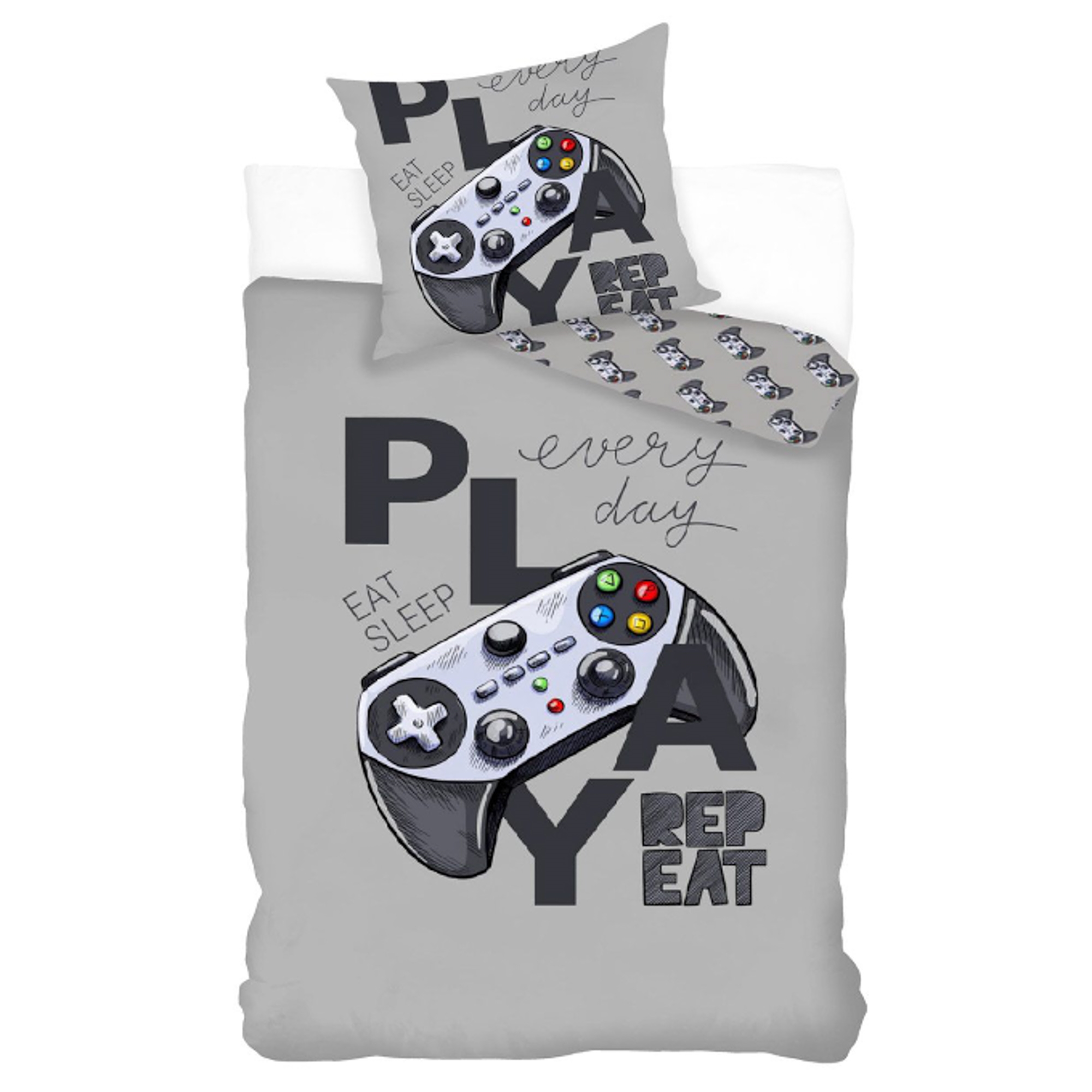 Gamer-Bettwäsche - 100% Baumwolle - Kinderbettwäsche 140x200 cm - Graue Bettwäsche mit Controller