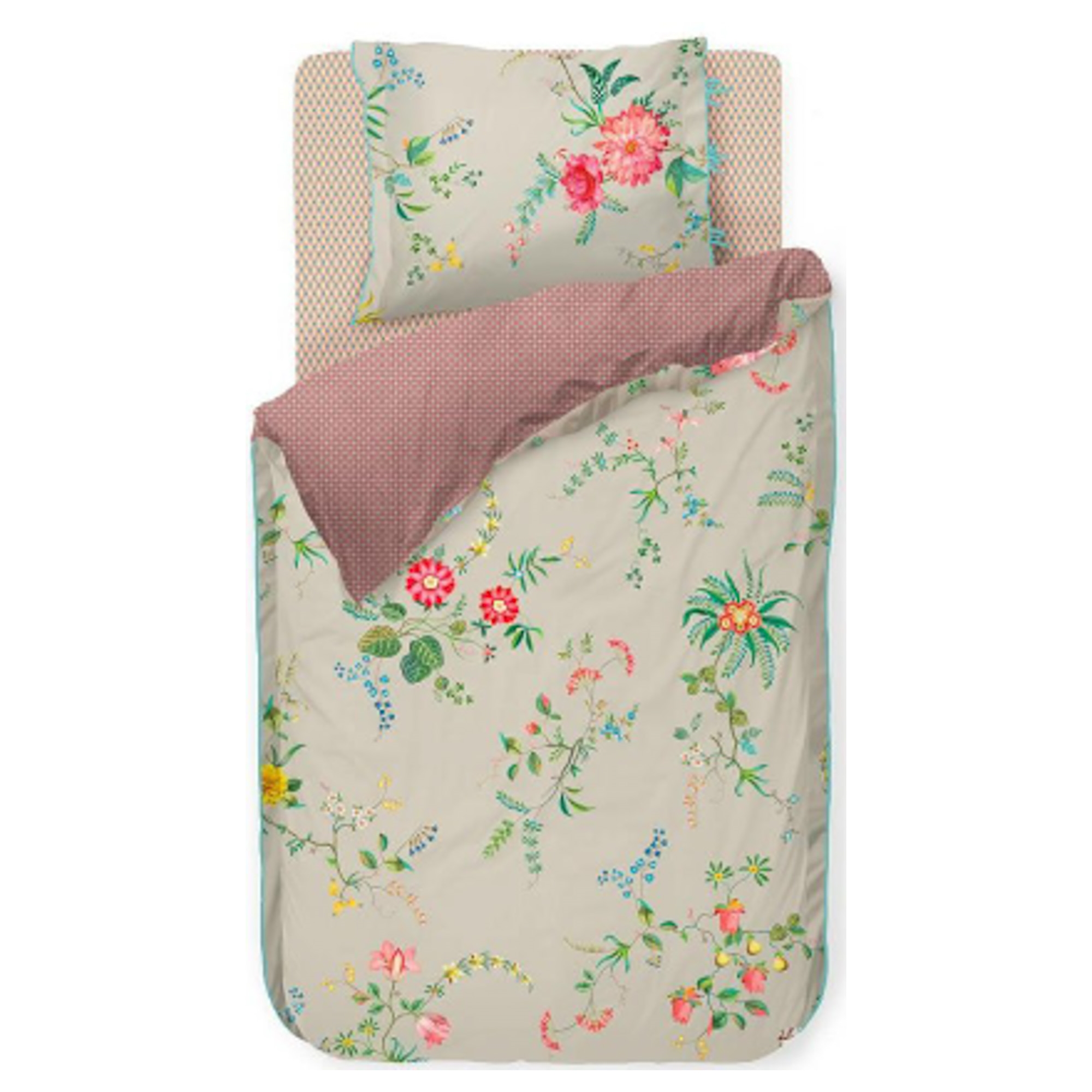 Pip studio Bettwäsche - 140x200 cm - Fleur khaki - Bettwäsche mit Blumenmuster - Doppelseitiges Set - 100 % Baumwolle