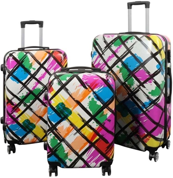 Kuffertsæt - 3 Stk. - Kuffert med motiv - Kryds mønster - Hardcase letvægt kuffert med 4 hjul