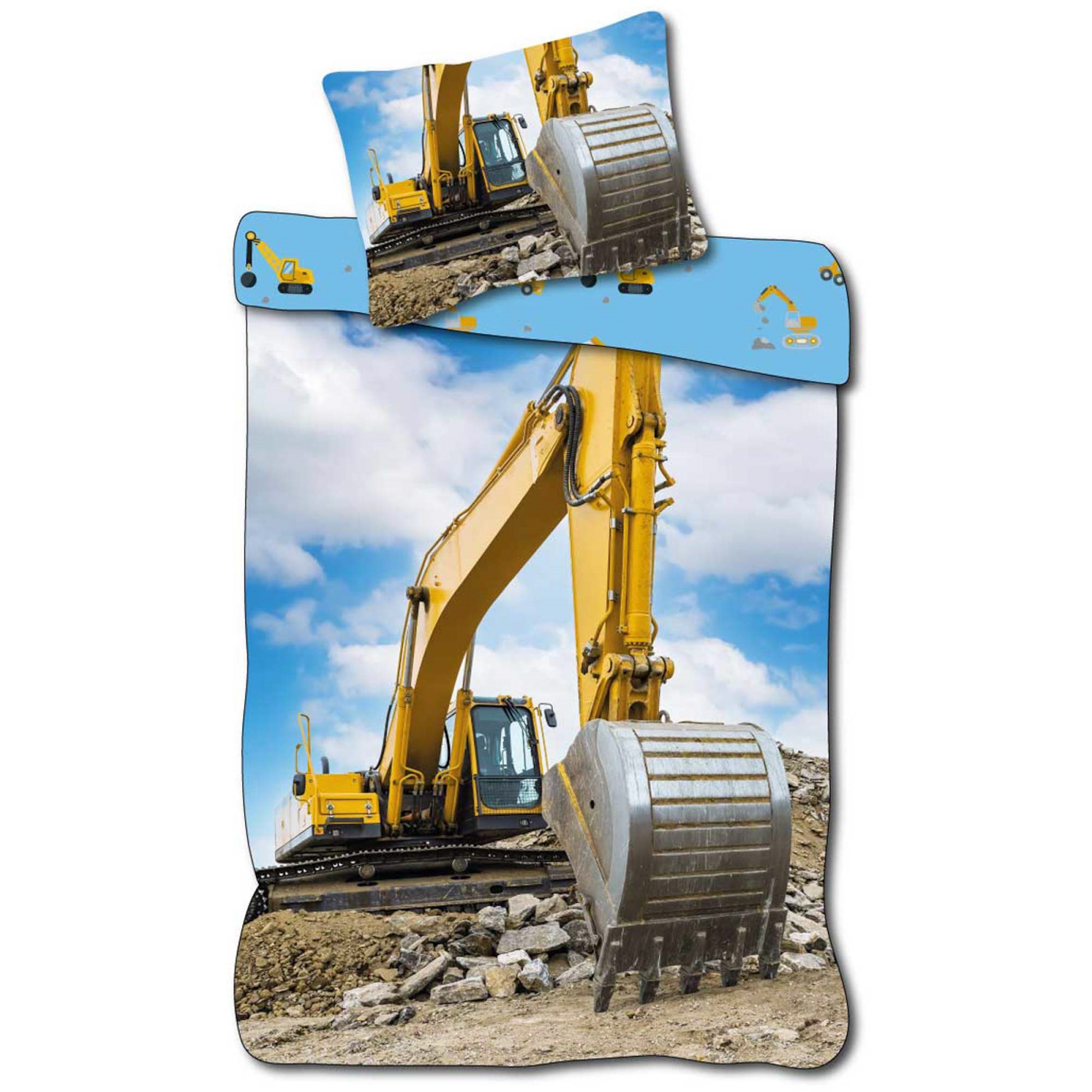 Bagger-Bettwäsche - 100% Baumwolle - Junior-Bettwäsche 100x140 cm - Hellblaue Rückseite