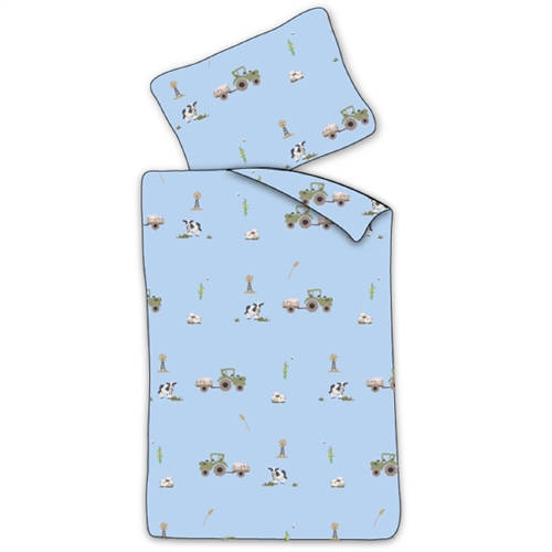 Baby Bettwäsche 70x100 cm - Blaues Bettwäscheset mit Traktor und Kühen - 100% weiche Baumwollbettwäsche