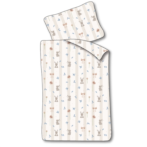 Baby Bettwäsche 70x100 cm - Weiß gestreiftes Set mit Kaninchen und Blumen - 100% weiche Baumwollbettwäsche
