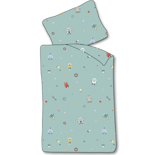 Junior Bettwäsche 100x140 cm - Blaues Bettwäscheset mit kleinen Robotern - 100% weiche Baumwollbettwäsche
