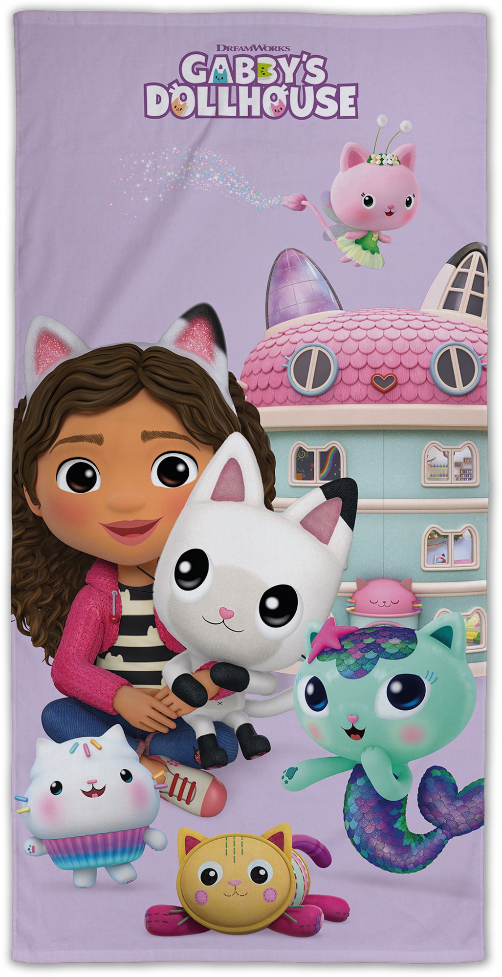 Gabby's Dollhouse Handtuch - 70x140 cm - 100% Baumwolle - Weiches Badetuch mit Gabby, Pandy Paws, Catfish, Cakey Cat, Pillow Cat