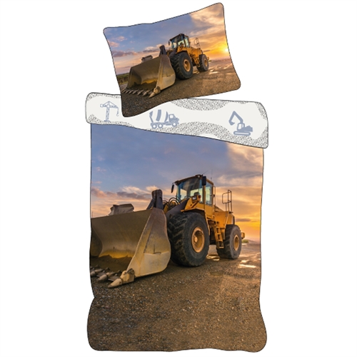 Kinderbettwäsche 140x200 cm - Wendbares Set mit einem Bagger - 100% weiche Baumwollbettwäsche