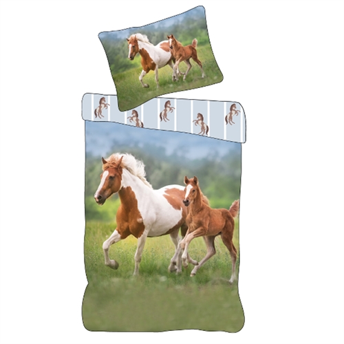 Pferde Bettwäsche - Weiches und luxuriöses Baumwoll-Bettwäsche-Set - 140x200 cm - Mit Mutter und Fohlen - Wende-Design