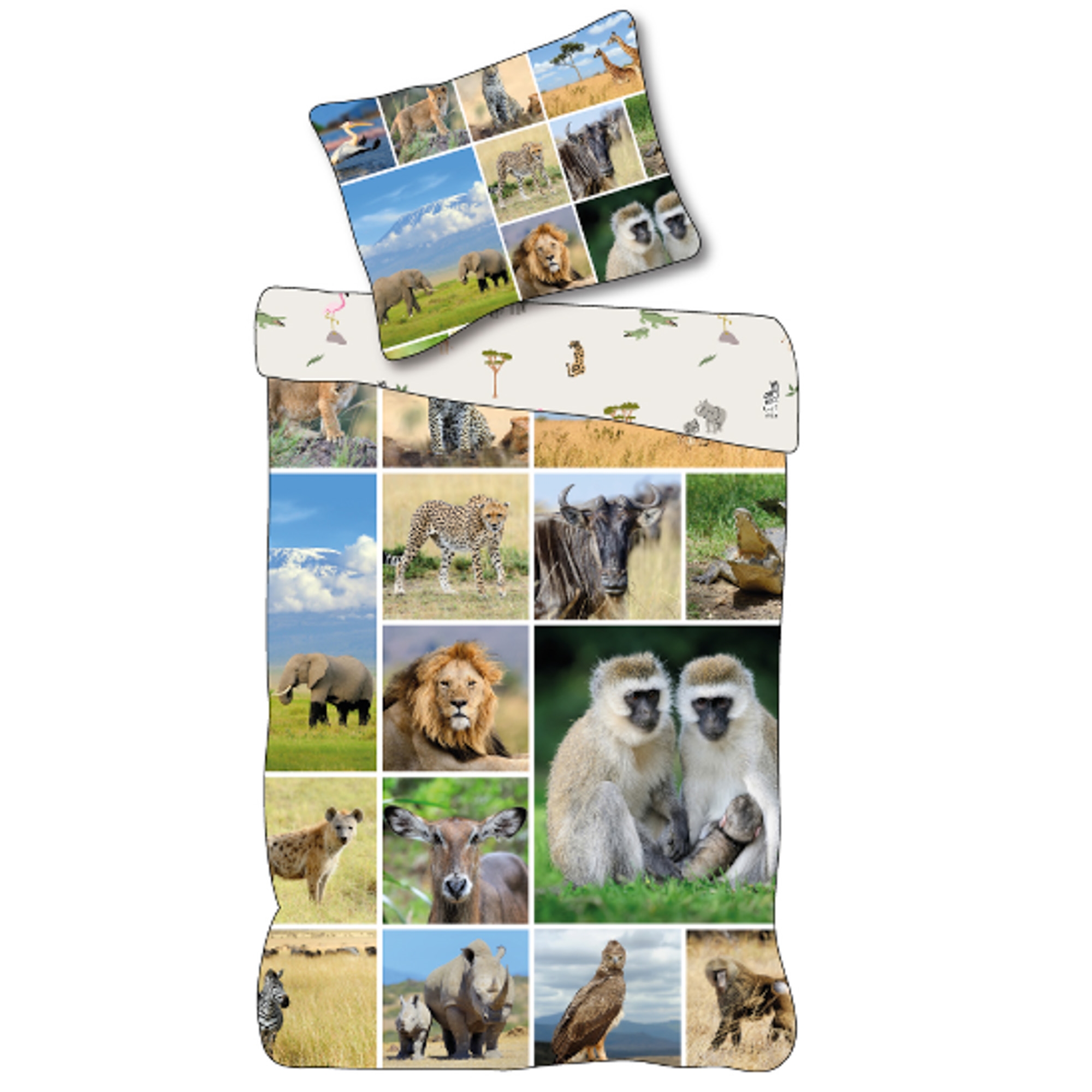 Bettwäsche mit Tieren - 100% Baumwolle - Kinderbettwäsche 140x200 cm - Safari-Tiere