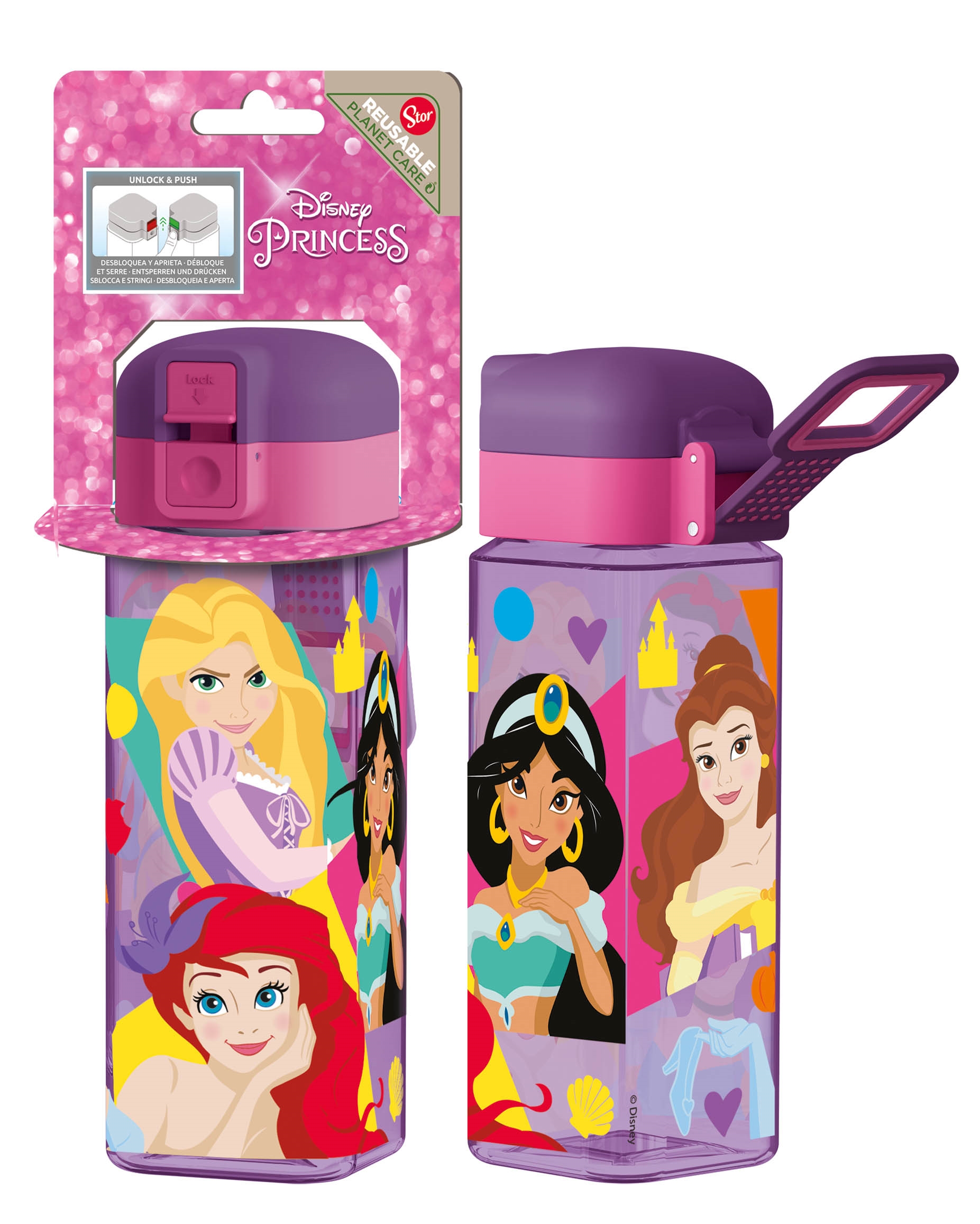 Disney Prinzessinnen-Trinkflasche – Wasserflasche mit klappbarem Verschluss, Verriegelung und Trinkaufsatz