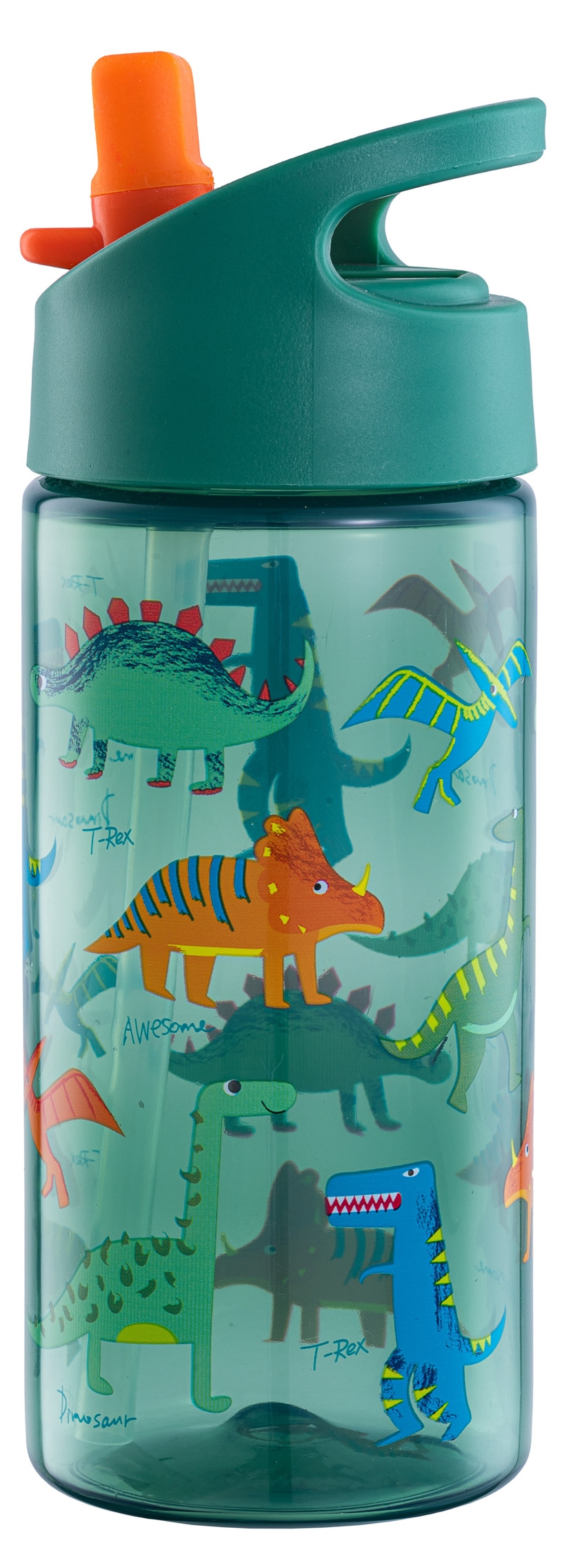 Grüne Dinosaurier-Trinkflasche - Wasserflasche mit Flip-Funktion und Strohhalm