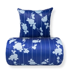 Bettwäsche - 100% Baumwollsatin - Rosenbloom - blaues Blumen- und Streifenmuster