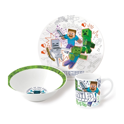 Minecraft Kindergeschirr aus Keramik - 3-teiliges Kindergeschirr-Set - Survival-Modus - Keramik-Geschirrset