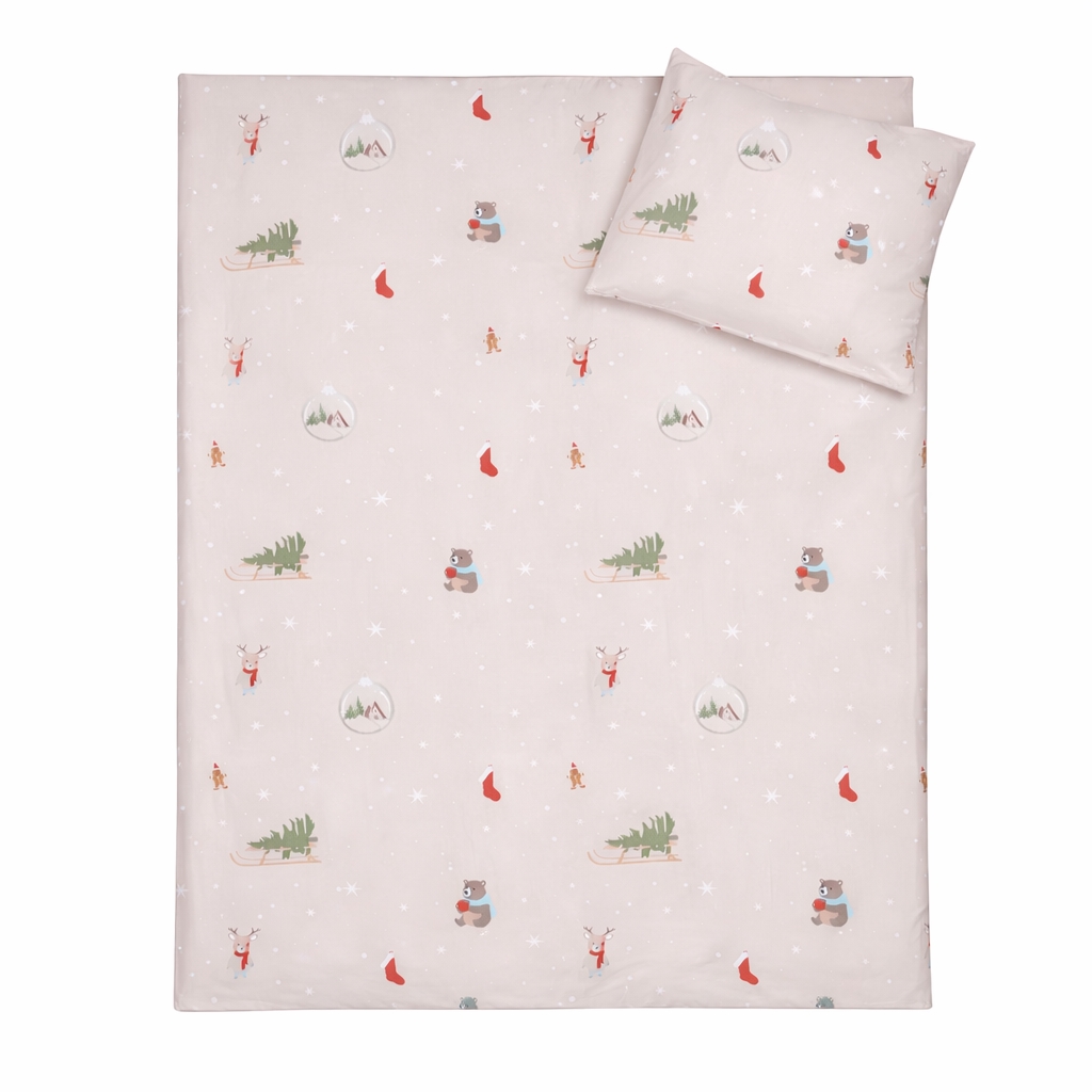Weihnachts-Bettwäsche - 100% Baumwolle - Junior-Bettwäsche 100x140 cm - Beige mit Weihnachtsmotiven