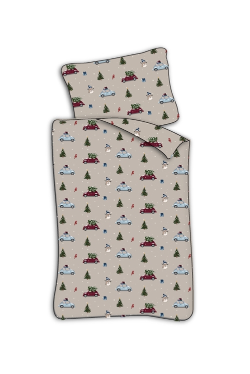 Junior Weihnachtsbettwäsche 100x140 cm - Weihnachtsbettwäsche mit Autos und Weihnachtsbäumen - 100% weiche Baumwollbettwäsche