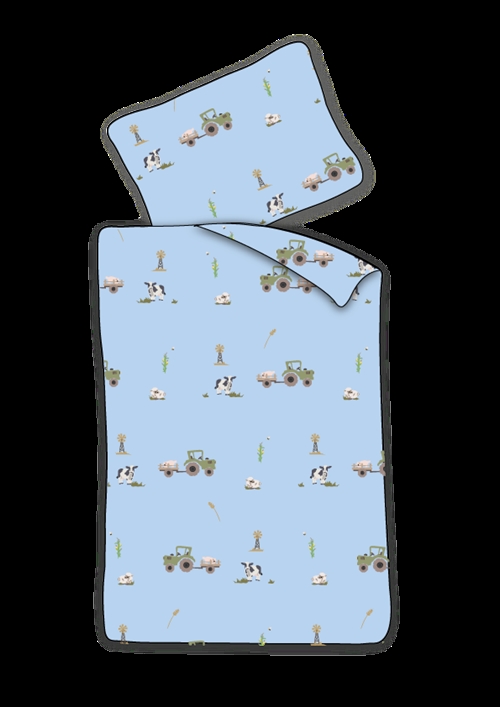 Baby Bettwäsche 70x100 cm - Blaues Bettwäscheset mit Traktor und Kühen - 100% weiche Baumwollbettwäsche