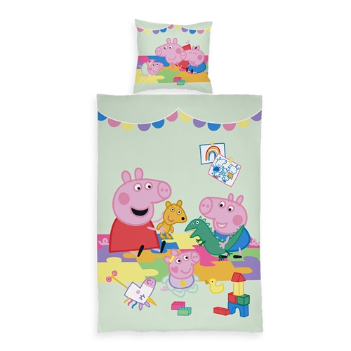 Junior-Bettwäsche 100x140 cm - Wendbares Bettwäsche-Set mit Familie Peppa Wutz - Family Fun - 100% Baumwoll-Bettwäsche