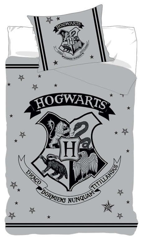Harry Potter Bettwäsche - 100% Baumwolle - Kinderbettwäsche 140x200 cm - Hogwarts-Wappen - Grau