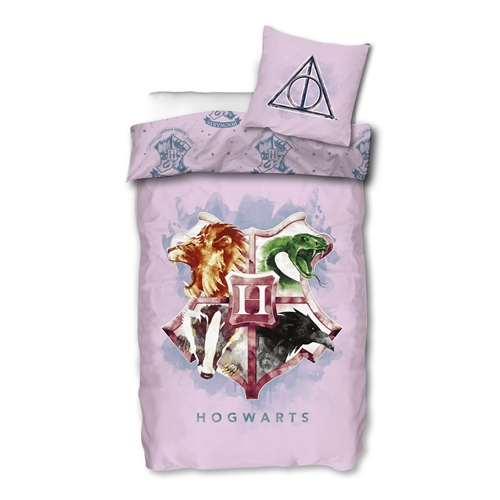 Harry Potter Bettwäsche - 140x200 cm - Rosa mit Hogwarts Wappen - Wendebettbezug 2 in 1 Design - 100% Baumwolle