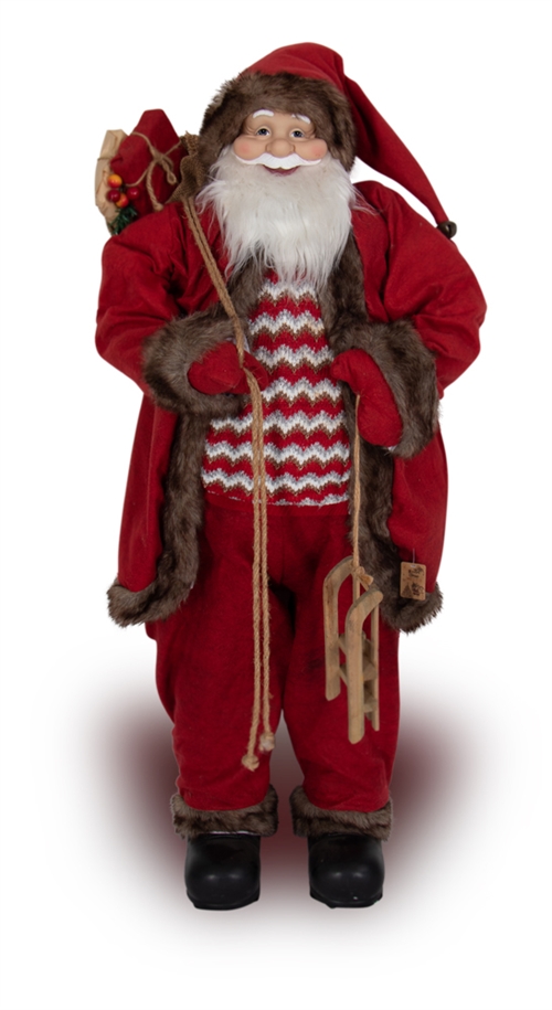Großer Weihnachtsmann - 120 cm hoch - Mit edlem Holzschlitten in den Händen - Exklusiver Weihnachtsmann mit feinen Details