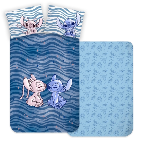 Blaues Junior-Bettwäsche-Set 100x140 cm - Wendbares Bettwäsche-Set mit Stitch und Angel - 100% Baumwollbettwäsche