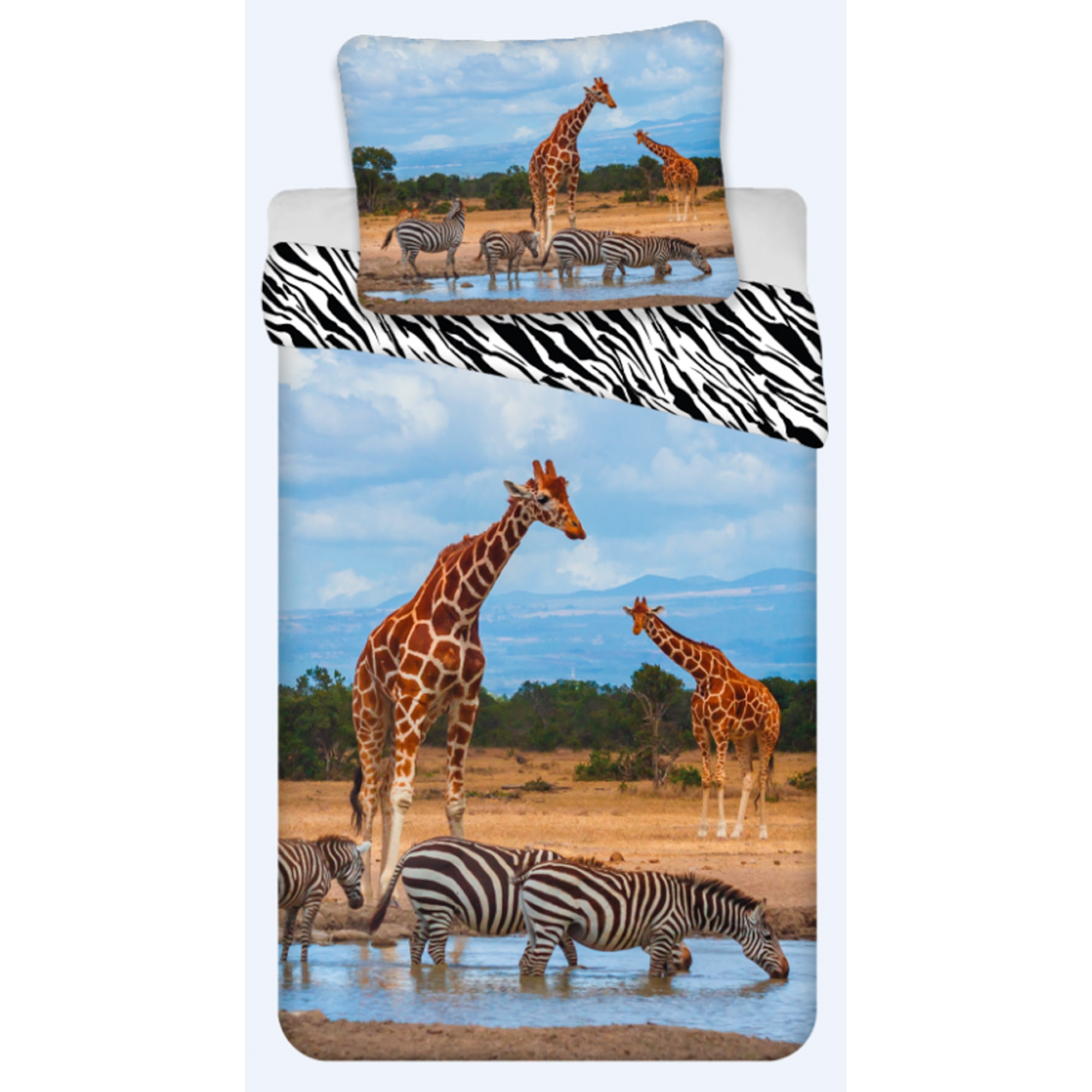 Bettwäsche mit Tieren - 100% Baumwolle - Kinderbettwäsche 140x200 cm - Giraffen und Zebras auf der Savanne