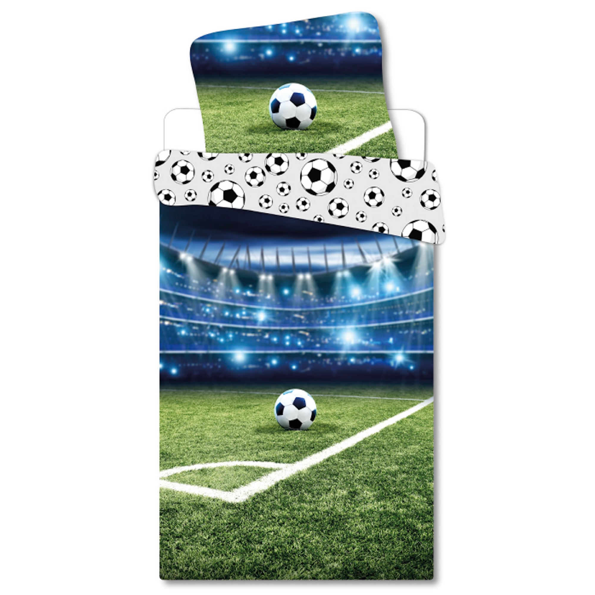 Fußball-Bettwäsche - 100% Baumwolle - Kinderbettwäsche 140x200 cm - Stadion - Rückseite mit Fußbällen
