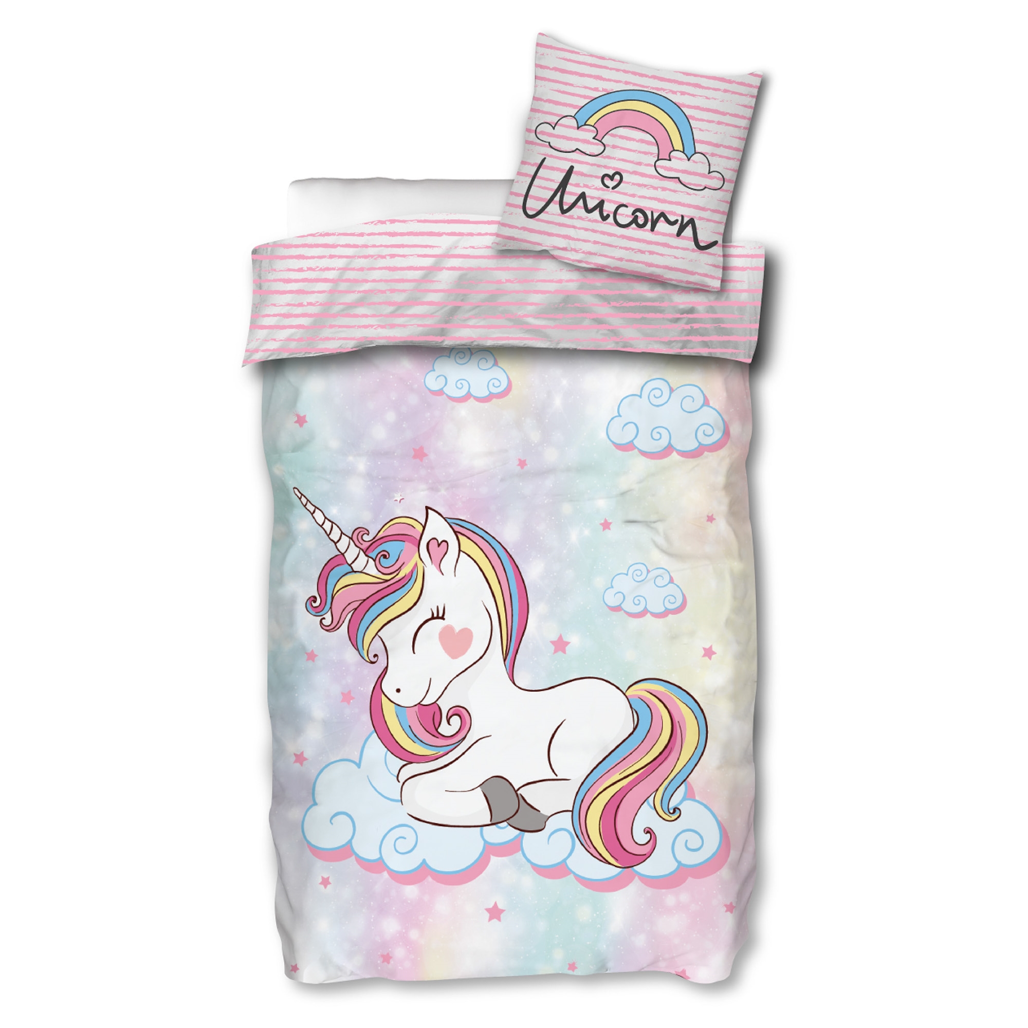 Einhorn-Bettwäsche - 150 x 210 cm - Schlafendes Einhorn auf Wolken - Bettwäsche-Set aus 100 % Baumwolle