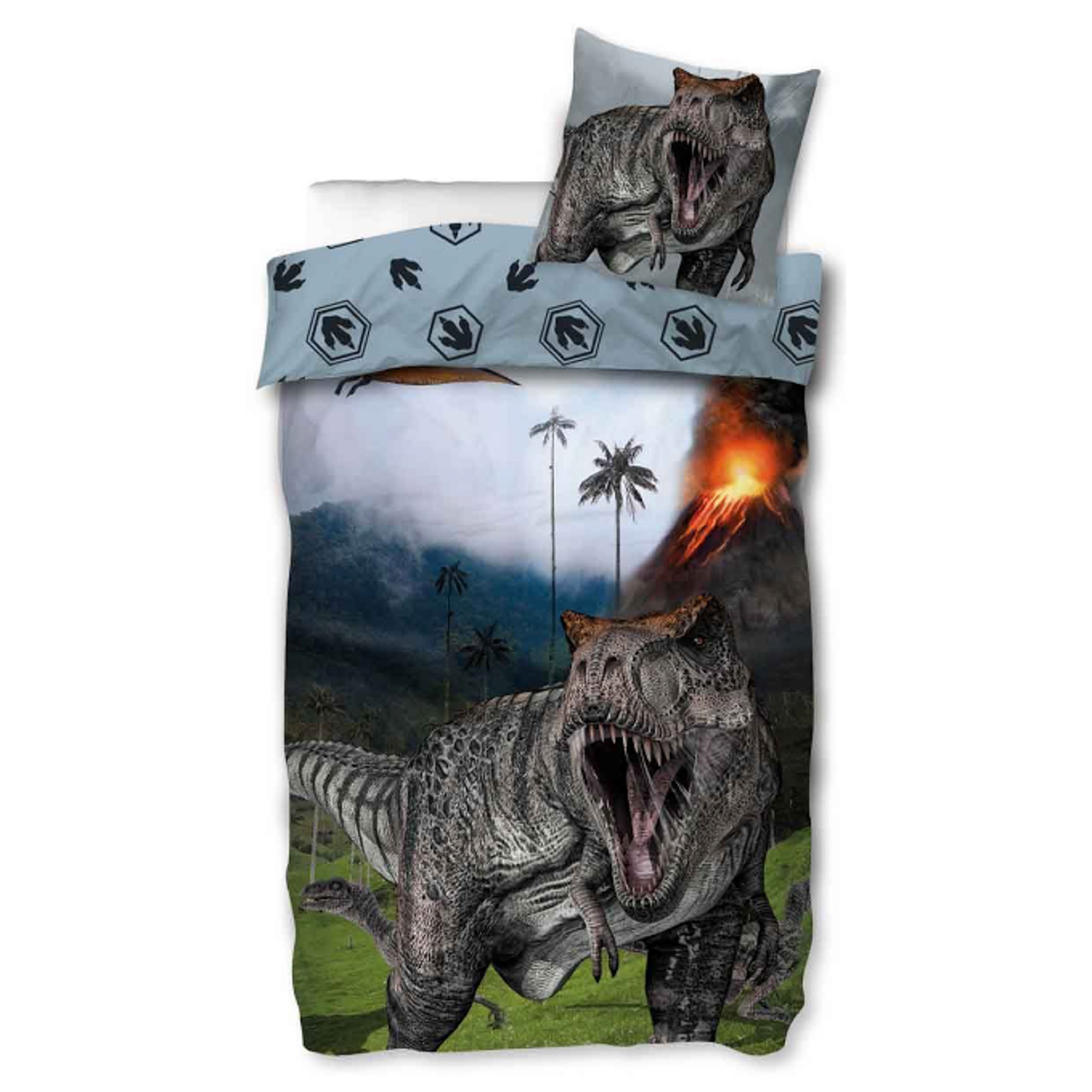 Dinosaurier-Bettwäsche - 100% Baumwolle - Kinderbettwäsche 140x200 cm - T-Rex und Vulkan