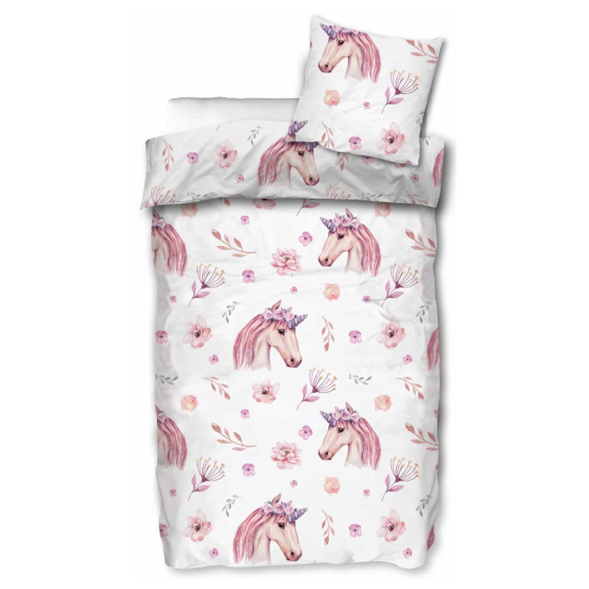 Einhorn-Bettwäsche - 100% Baumwolle - Junior-Bettwäsche 100x140 cm - Blumen