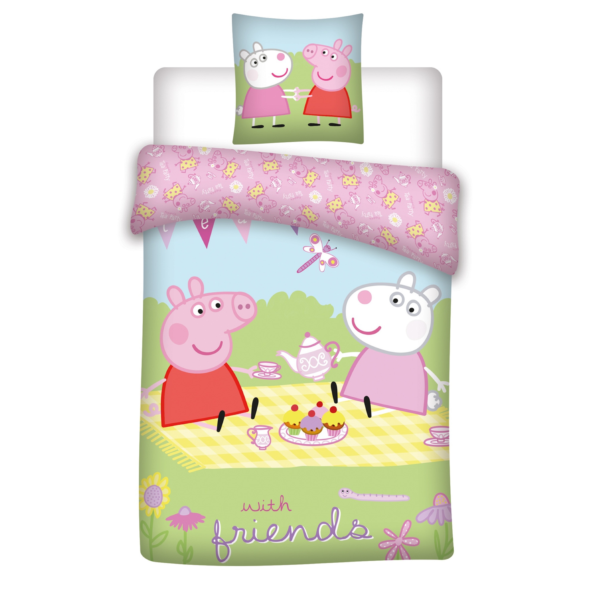 Peppa Wutz Bettwäsche - 100% Baumwolle - Kinderbettwäsche 140x200 cm - Peppa Wutz und Frida Får beim Picknick