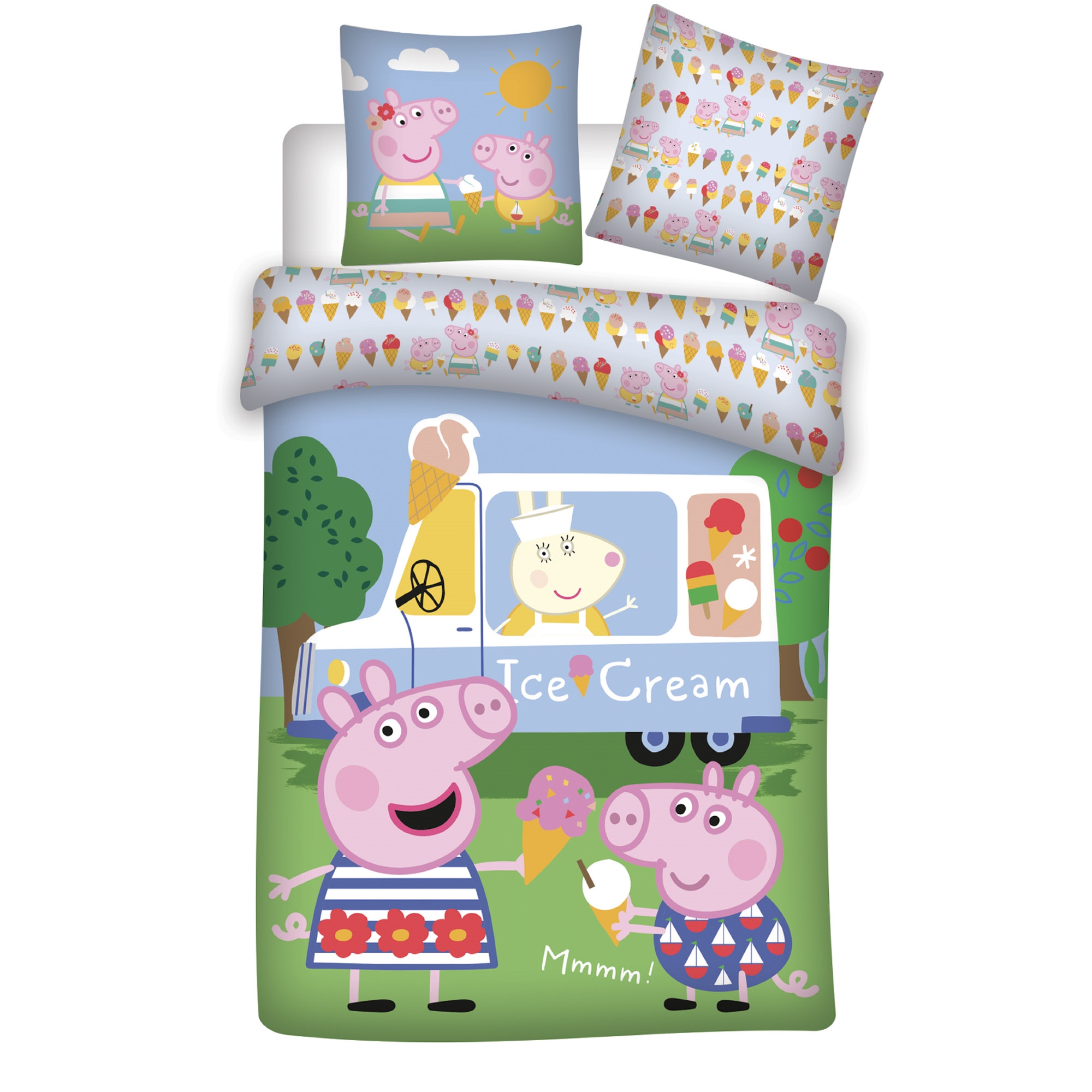 Peppa Wutz Bettwäsche - 100% Baumwolle - Junior-Bettwäsche 100x140 cm - Peppa Wutz und Gustav Gris - Eiswagen