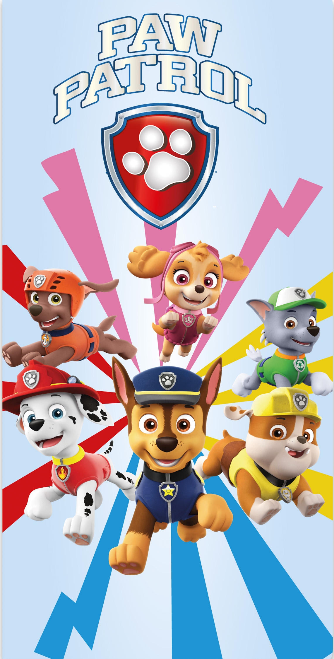 Paw Patrol Handtuch - 70x140 cm - 100% Baumwolle - Super Team - Weiches Badetuch mit Chase, Marshall, Zuma, Rubble, Skye und Rocky