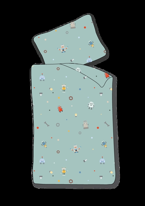 Junior Bettwäsche 100x140 cm - Blaues Bettwäscheset mit kleinen Robotern - 100% weiche Baumwollbettwäsche