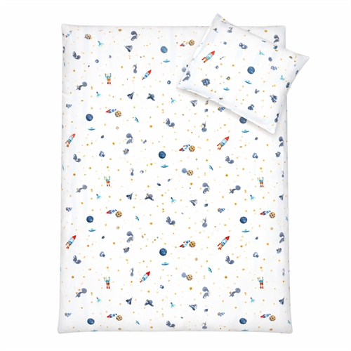 Dinosaurier und Weltraumraketen Bettwäsche - 100% Baumwolle - Junior-Bettwäsche 100x140 cm - Weiß gestreift mit Dinosauriern und Weltraumraketen