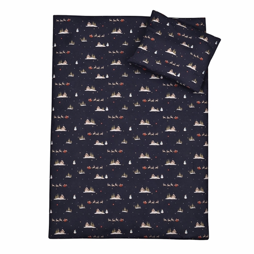 Weihnachts-Bettwäsche - 100% Baumwolle - Babybettwäsche 70x100 cm - Dunkelblau mit Weihnachtsmann und Rentieren