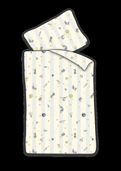 Baby Bettwäsche 70x100 cm - Weiß gestreiftes Bettwäscheset mit Dinosauriern und Raketen - 100% weiche Baumwollbettwäsche