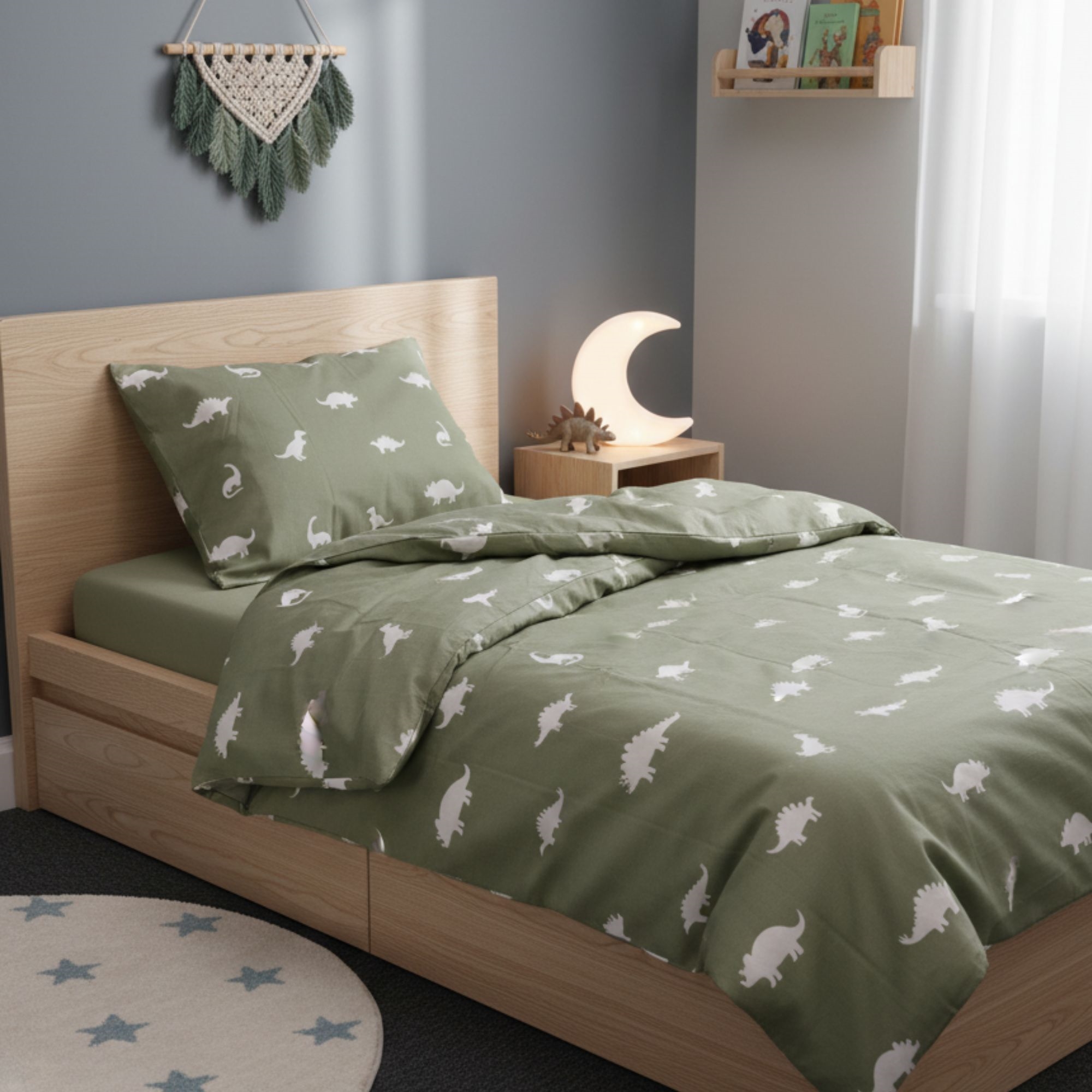 Dinosaurier-Bettwäsche - 100% Baumwolle - Baby-Bettwäsche 70x100 cm - Grün mit Dinosauriern