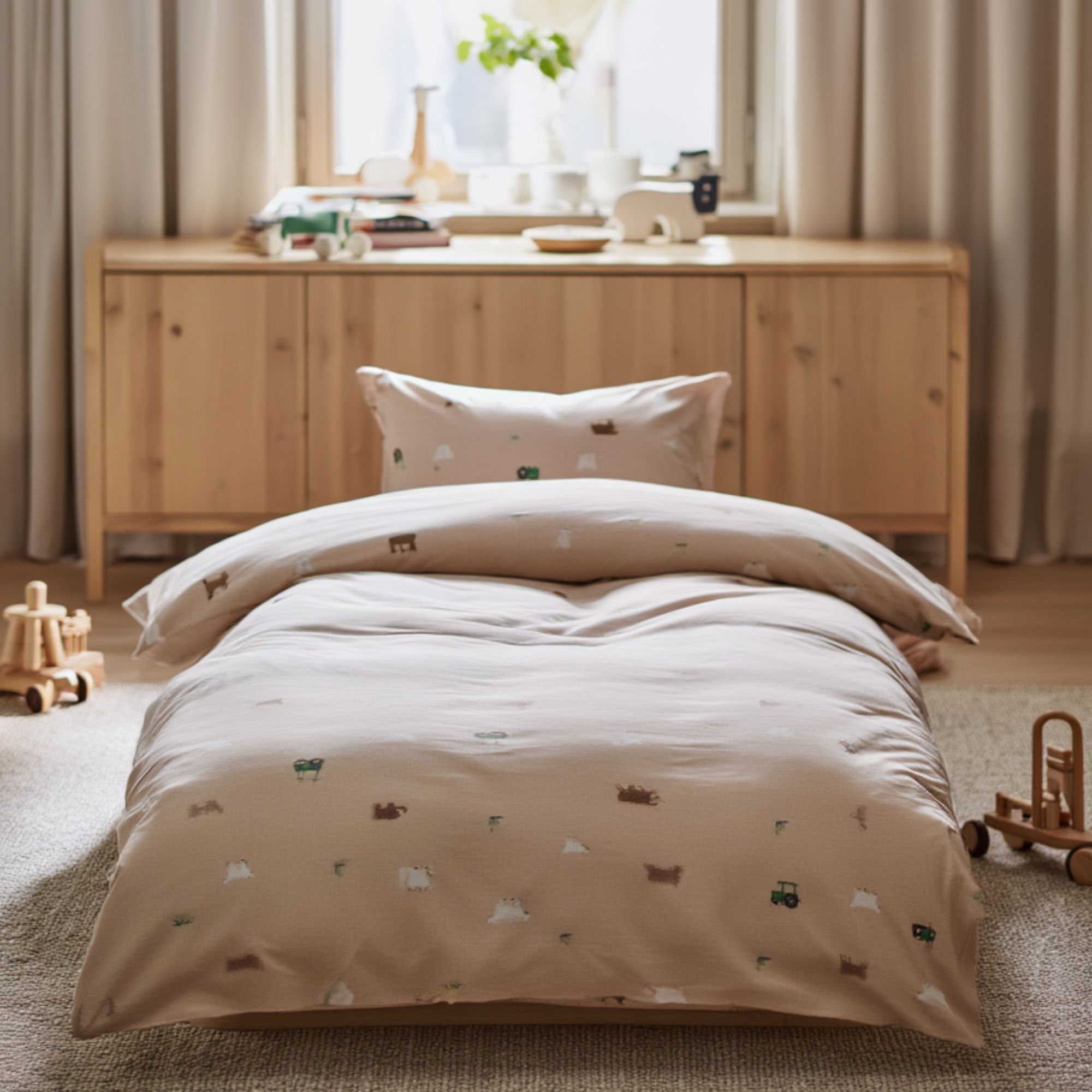 Bettwäsche mit Bauernhof-Motiv - 100% Baumwolle - Babybettwäsche 70x100 cm - Beige mit Bauernhofmotiven