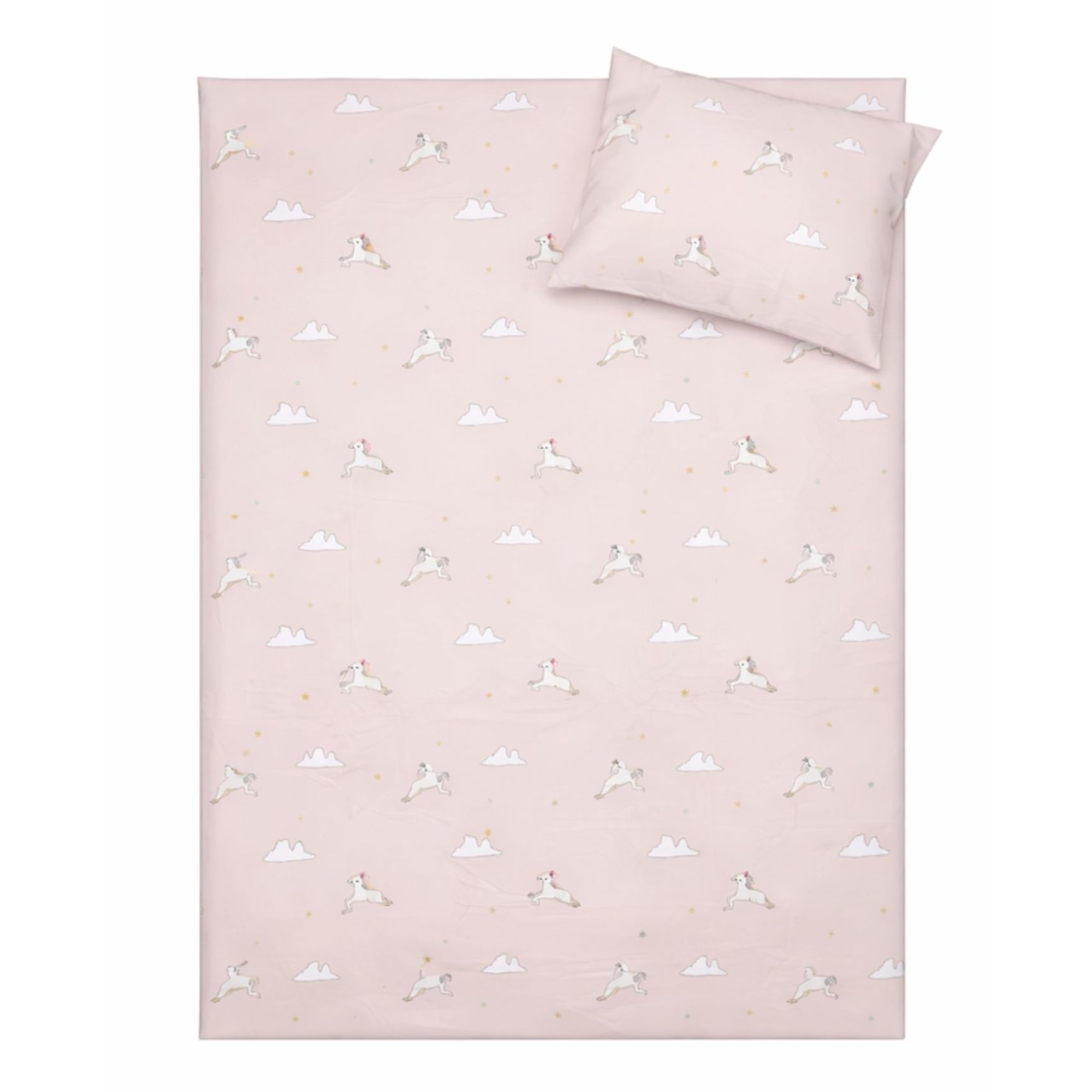 Einhorn- und Wolken-Bettwäsche - 100% Baumwolle - Junior-Bettwäsche 100x140 cm - Rosa mit Einhörnern und Wolken