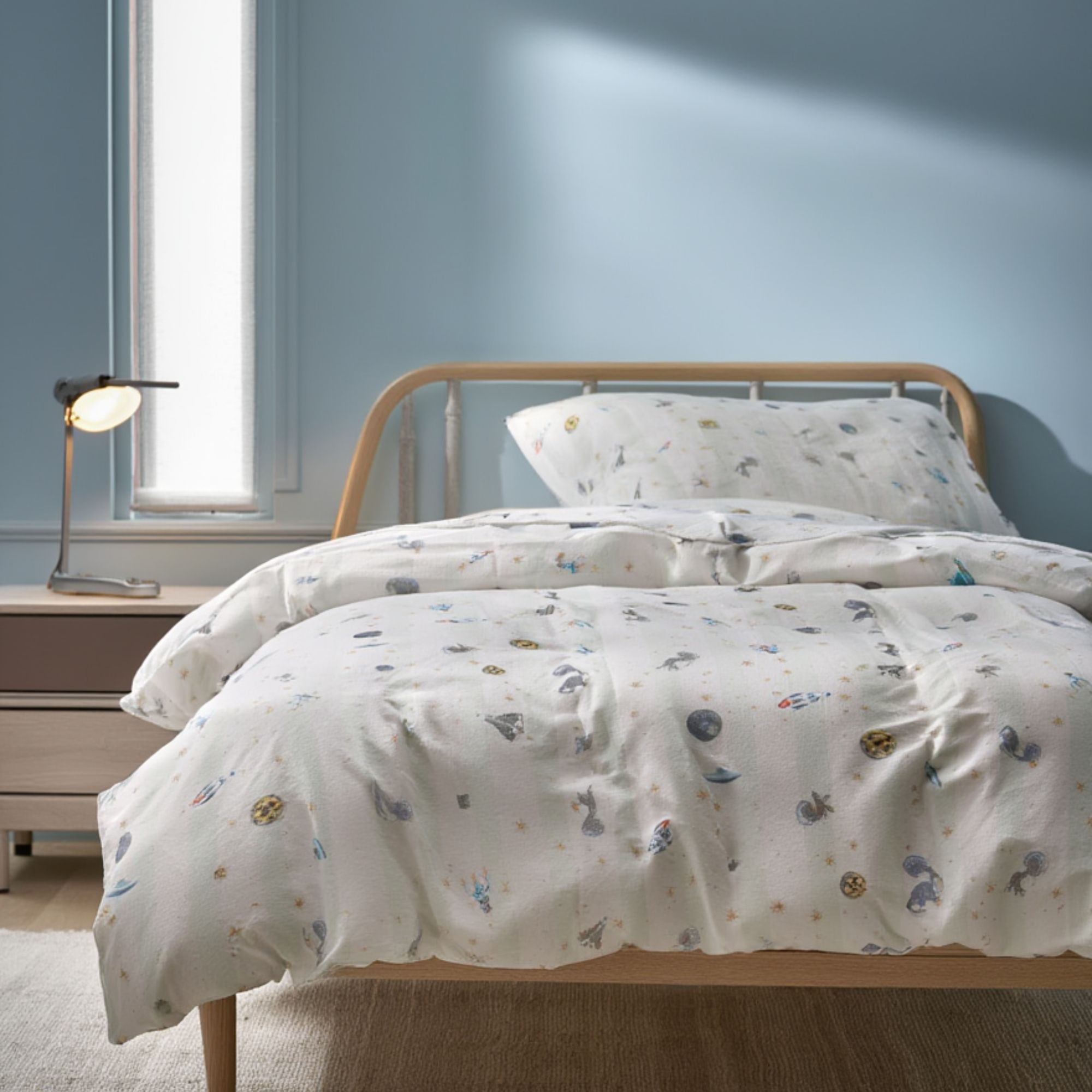 Baby-Bettwäsche 70x100 cm - weiß gestreiftes Set mit Dinosauriern und Weltraumraketen - 100% weiche Baumwolle