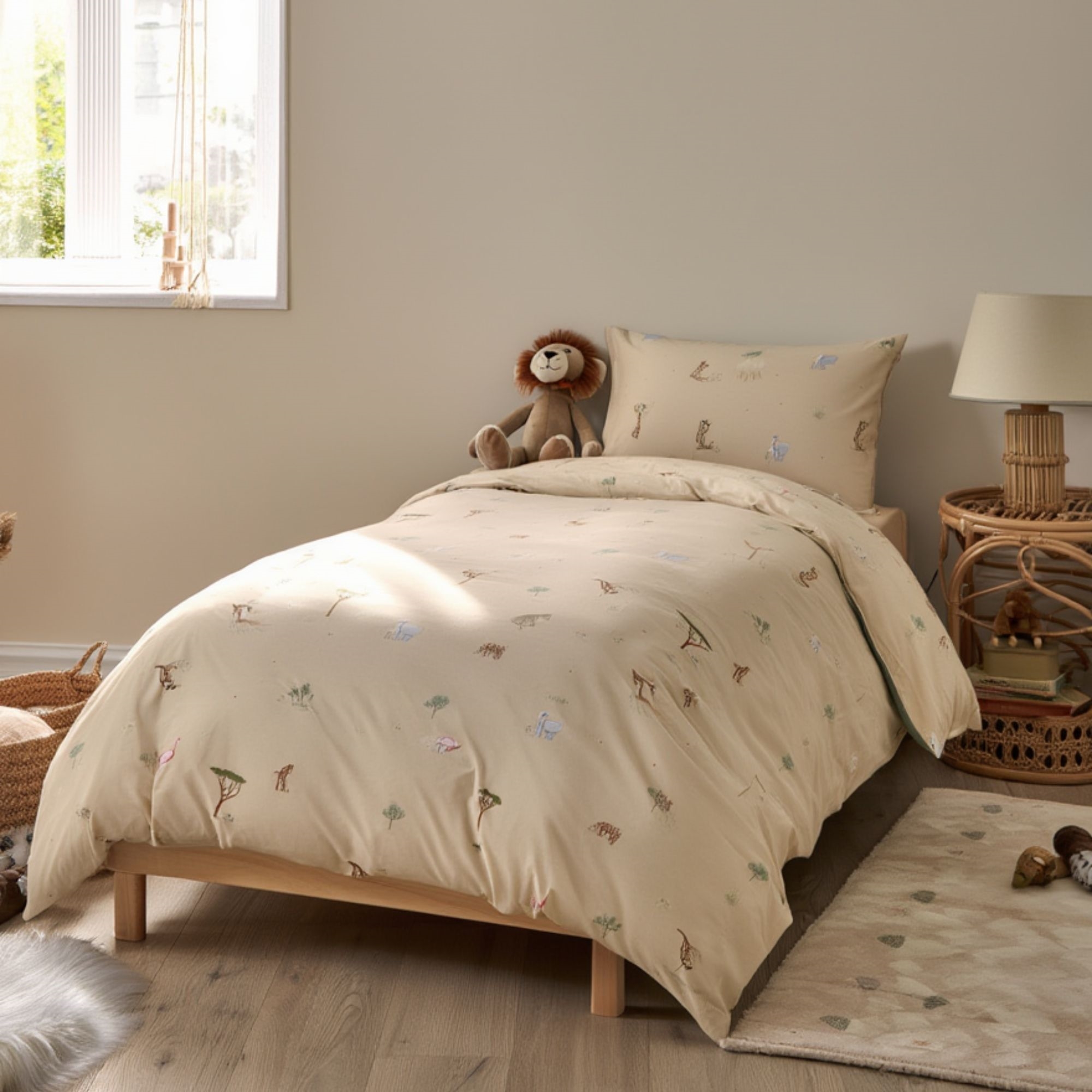 Safari-Tiere Bettwäsche - 100% Baumwolle - Baby-Bettwäsche 70x100 cm - Beige mit Safari-Tieren