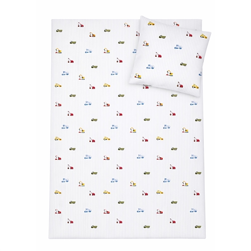 Gestreifte Baumaschinen-Bettwäsche - 100% Baumwolle - Babybettwäsche 70x100 cm - Weiß mit blauen Streifen und Baumaschinen